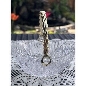 Vintage Crystal Style Candy Dish Gold Twist Handle Pressed Glass Basket Bow